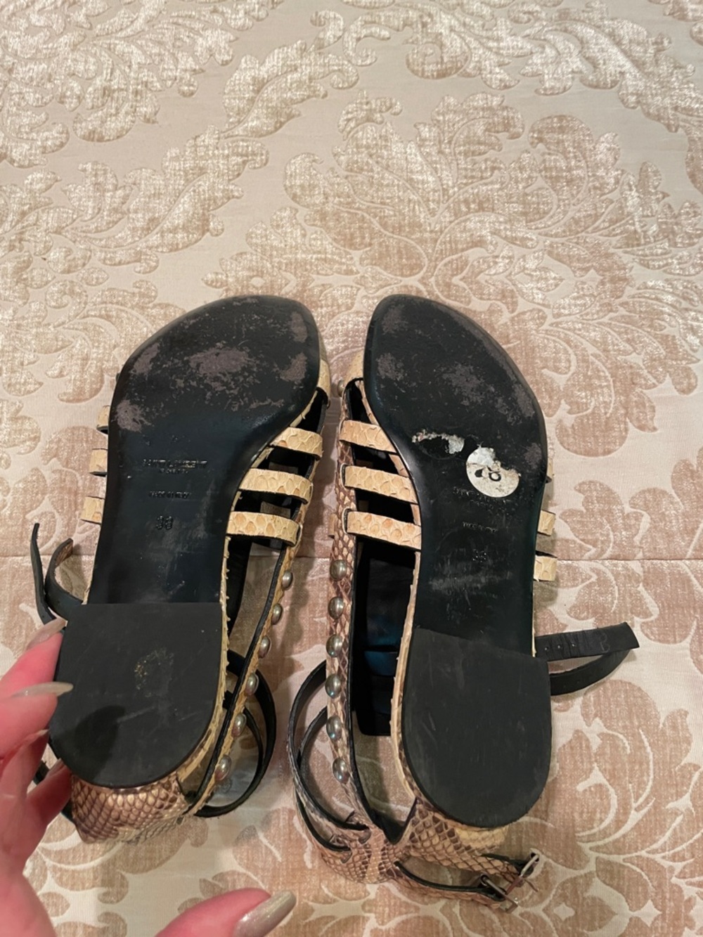 Saint Laurent Beige Snake-Print Studded Strappy Sandals - Picture 4 of 5